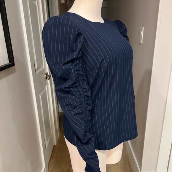 Zara Woman, Juliet Navy Striped Shirt with Ruched Sleeves - Picture 4 of 12